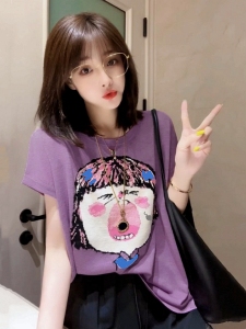 RM13505#百搭显瘦宽松减龄短袖上衣韩版卡通大脸娃娃印花针织t恤
