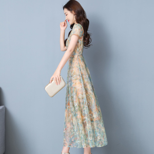RM13456#夏新款复古旗袍蕾丝连衣裙女中长款修身显瘦长裙