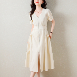 RM16560#新款大码女夏2023法式高级感韩系收腰气质显瘦遮肚米色连衣裙