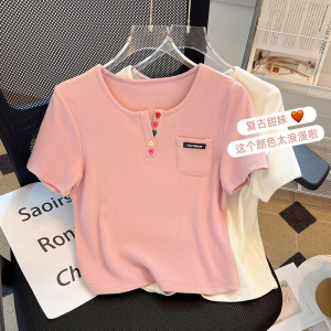RM13566#v领短袖t恤女2023新款夏季粉色短款上衣体恤内搭打底衫
