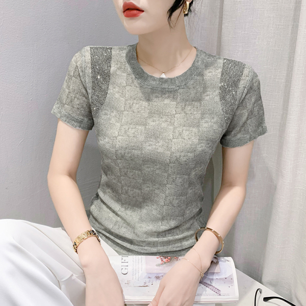 RM13624#夏新时尚款拼接印花重工烫钻短袖T恤洋气打底上衣小衫女潮
