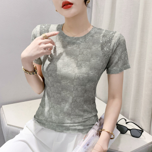 RM13624#夏新时尚款拼接印花重工烫钻短袖T恤洋气打底上衣小衫女潮