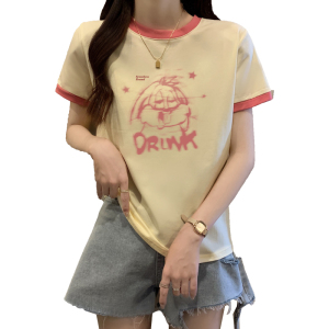 TR31899# 大码女装夏季新款设计感撞色拼接印花宽松短袖T恤上衣