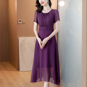 RM16031#紫色连衣裙女2023夏季新款气质收腰显瘦长款雪纺大摆度假沙滩长裙