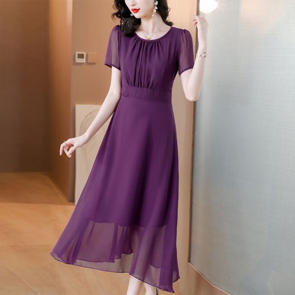RM16031#紫色连衣裙女2023夏季新款气质收腰显瘦长款雪纺大摆度假沙...