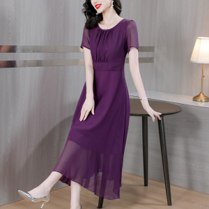 RM16031#紫色连衣裙女2023夏季新款气质收腰显瘦长款雪纺大摆度假沙滩长裙