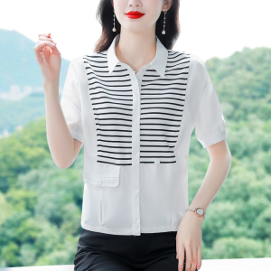 RM14053#时尚polo领条纹拼接短袖衬衫T恤女夏装减龄短款抽绳宽松小衫上衣