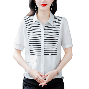 RM14053#时尚polo领条纹拼接短袖衬衫T恤女夏装减龄短款抽绳宽松小衫上衣