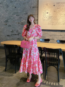 RM12948#夏季高端气质韩国chic玫红色牡丹花泡泡袖荷叶边长连衣裙