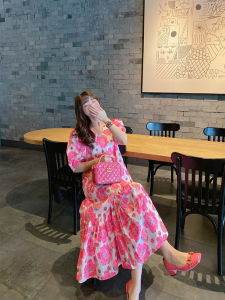 RM12948#夏季高端气质韩国chic玫红色牡丹花泡泡袖荷叶边长连衣裙