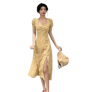RM13311#新款茶歇法式收腰长裙度假风方领泡泡袖碎花连衣裙子夏季女装