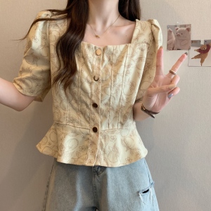 RM13946#方领衬衫夏季设计感背后交叉法式甜辣泡泡袖短款上衣