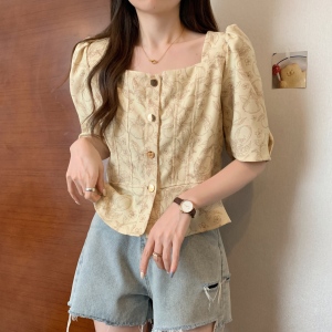 RM13946#方领衬衫夏季设计感背后交叉法式甜辣泡泡袖短款上衣
