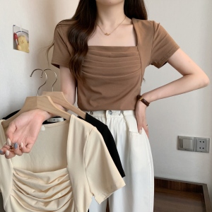 RM13947#方领褶皱短袖t恤女夏季辣妹纯色设计感小众修身短款上衣