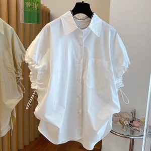 RM15487#设计感小众宽松休闲抽绳花苞泡泡袖白色衬衫女短袖气质时髦上衣夏