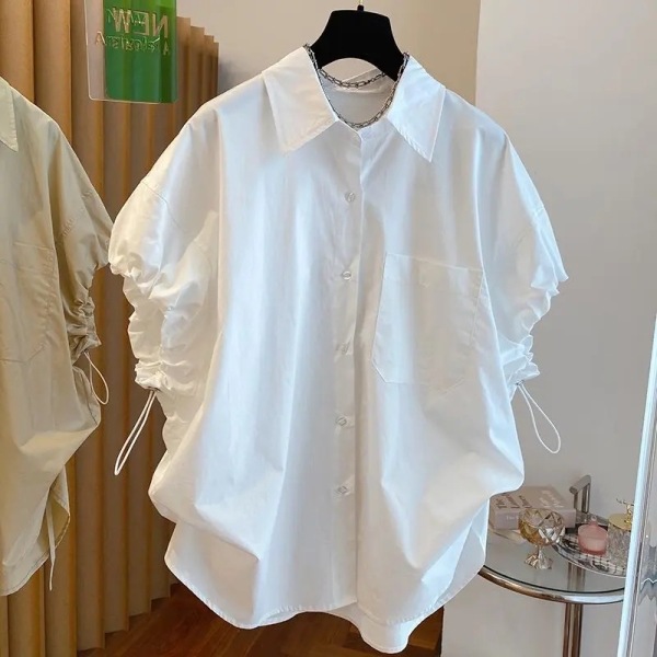 RM15487#设计感小众宽松休闲抽绳花苞泡泡袖白色衬衫女短袖气质时髦上衣...