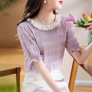 RM22061#夏季新款刺绣花边褶皱小格子衬衫女法式复古简约短袖上衣