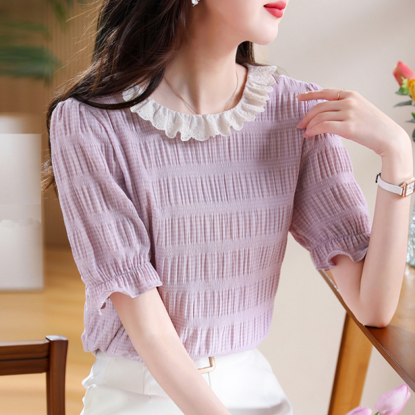 RM22061#夏季新款刺绣花边褶皱小格子衬衫女法式复古简约短袖上衣