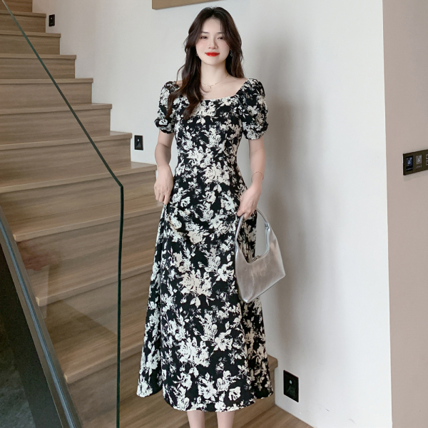 RM13119#夏季新款法式方领植物花卉修身显瘦长款开叉印花连衣裙