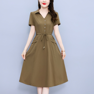 RM14245#衬衫领2023夏季新款女士时尚洋气清凉冰丝纯色连衣裙