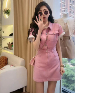 RM15104#小众设计感polo粉色显瘦牛仔连衣裙2023年夏季新款纯色a字裙短裙
