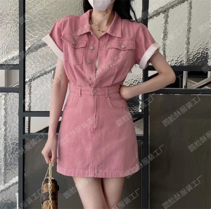 RM15104#小众设计感polo粉色显瘦牛仔连衣裙2023年夏季新款纯色a字裙短裙