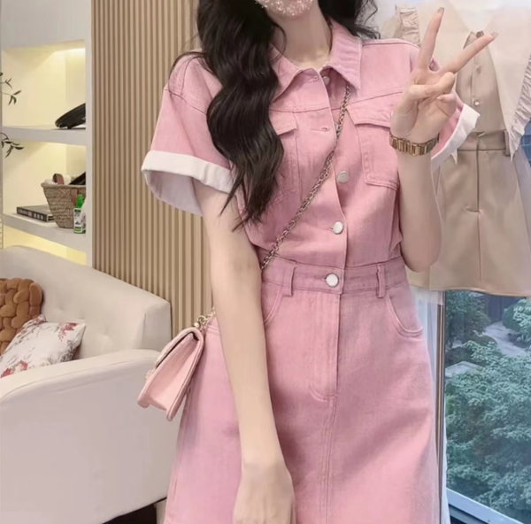 RM15104#小众设计感polo粉色显瘦牛仔连衣裙2023年夏季新款纯色...