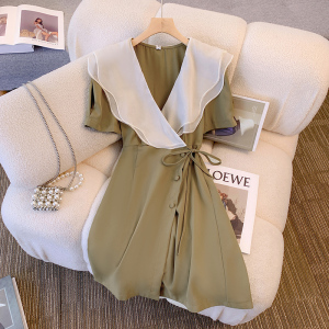 RM13207#夏季法式高级感双层荷叶边翻领收腰系带一片式牛油果绿连衣裙