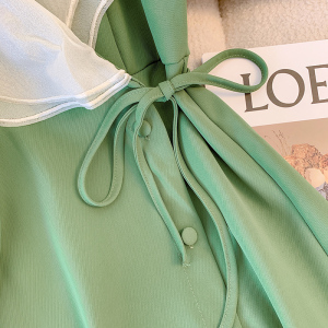 RM13207#夏季法式高级感双层荷叶边翻领收腰系带一片式牛油果绿连衣裙