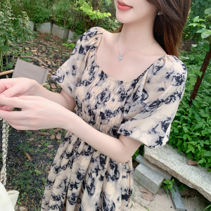 RM18947#夏季新款法式复古水墨玫瑰连衣裙韩版甜美气质泡泡袖收腰长裙