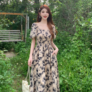 RM18947#夏季新款法式复古水墨玫瑰连衣裙韩版甜美气质泡泡袖收腰长裙