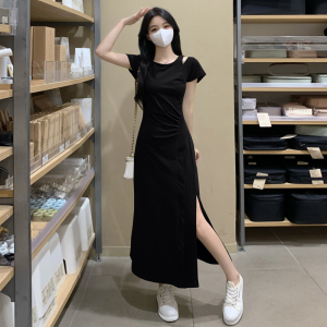 RM13258#法式设计感胖MM纯欲风露肩小心机连衣裙收腰显瘦辣妹开叉裙