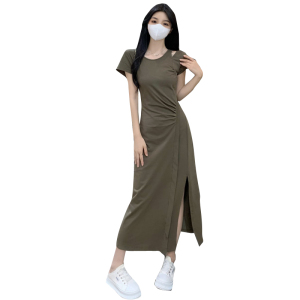 RM13258#法式设计感胖MM纯欲风露肩小心机连衣裙收腰显瘦辣妹开叉裙