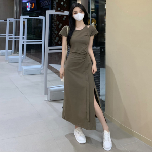 RM13258#法式设计感胖MM纯欲风露肩小心机连衣裙收腰显瘦辣妹开叉裙