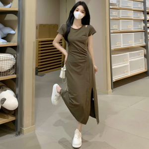 RM13258#法式设计感胖MM纯欲风露肩小心机连衣裙收腰显瘦辣妹开叉裙