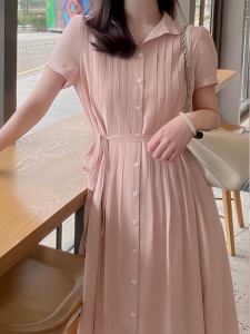 RM12903#法式粉色风琴褶气质显瘦收腰衬衫polo连衣裙女小个子高级感中长款