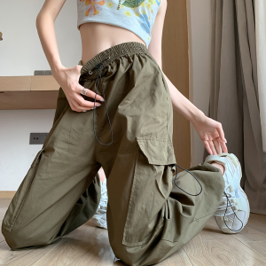 RM14317#美式街头嘻哈直筒工装裤女高腰显瘦束脚休闲裤运动街舞裤