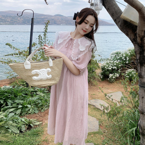 RM13280#大码女装韩版设计感娃娃领宽松甜美连衣裙胖mm百搭长裙