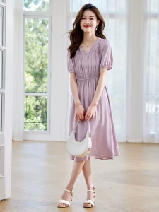 RM15048#气质淑女风紫色V领连衣裙2023夏新款法式短袖收腰a字裙子
