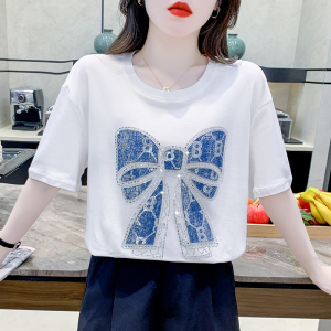 RM15310#夏季短袖圆领套头重工镶钻亮片蝴蝶结设计感小众T恤上衣女