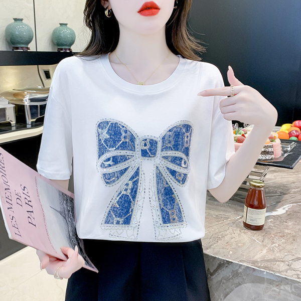RM15310#夏季短袖圆领套头重工镶钻亮片蝴蝶结设计感小众T恤上衣女