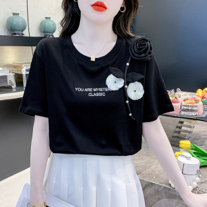 RM15304#短袖设计感小众上衣T恤夏季简约百搭花朵重工装饰女装上衣