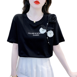 RM15304#短袖设计感小众上衣T恤夏季简约百搭花朵重工装饰女装上衣