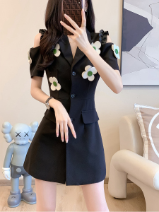 RM13733#韩版气质小香风裙子女2023夏季新款洋气减龄小个子短袖西装连衣裙