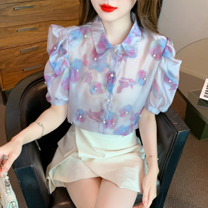 RM18570#重工艺钉珠雪纺衬衫2023夏季新款显瘦花色上衣女甜美小衫