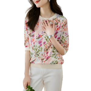 RM15367#圆领上衣女短袖2023夏季新款显瘦高端乱麻印花气质五分袖T恤