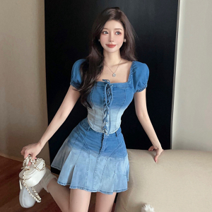 Real time sweet and spicy style small denim set for women's summer gradient short slim top， half body short skirt， two-p