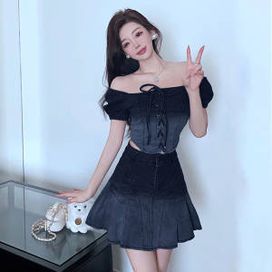Real time sweet and spicy style small denim set for women's summer gradient short slim top， half body short skirt， two-p