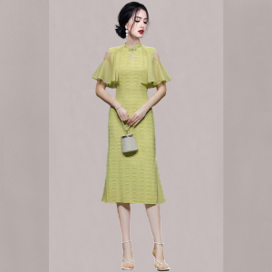 RM13173#夏季新款韩版中式立领复古盘扣露肩荷叶袖气质端庄优雅连衣裙