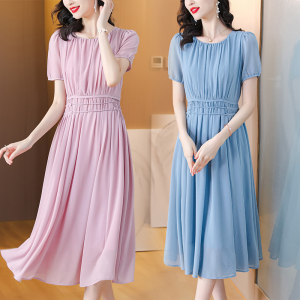 RM14042#雪纺连衣裙女2023年夏新款短袖圆领小众设计感减龄收腰气质长裙子